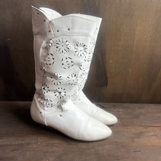 White Leather Boots with Cutouts