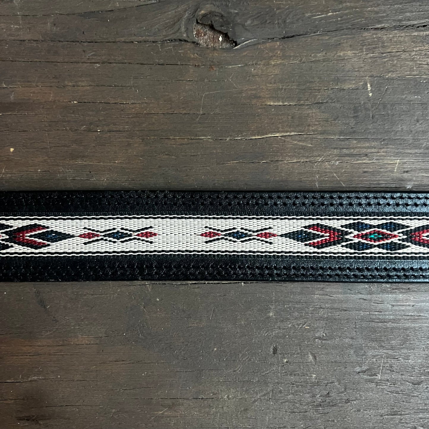 Black Leather Belt with Embroidered Inlay