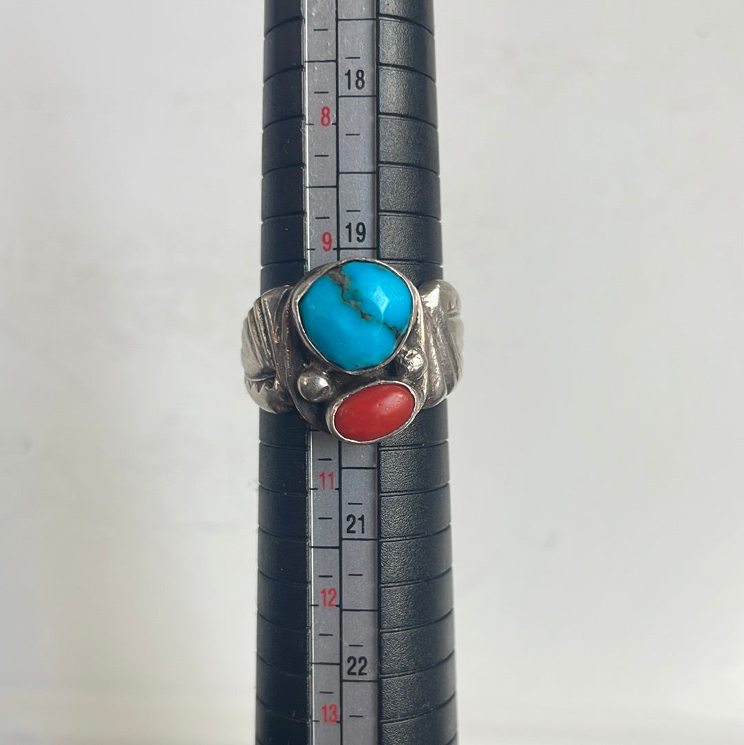 Sterling Silver, Turquoise, Coral Ring