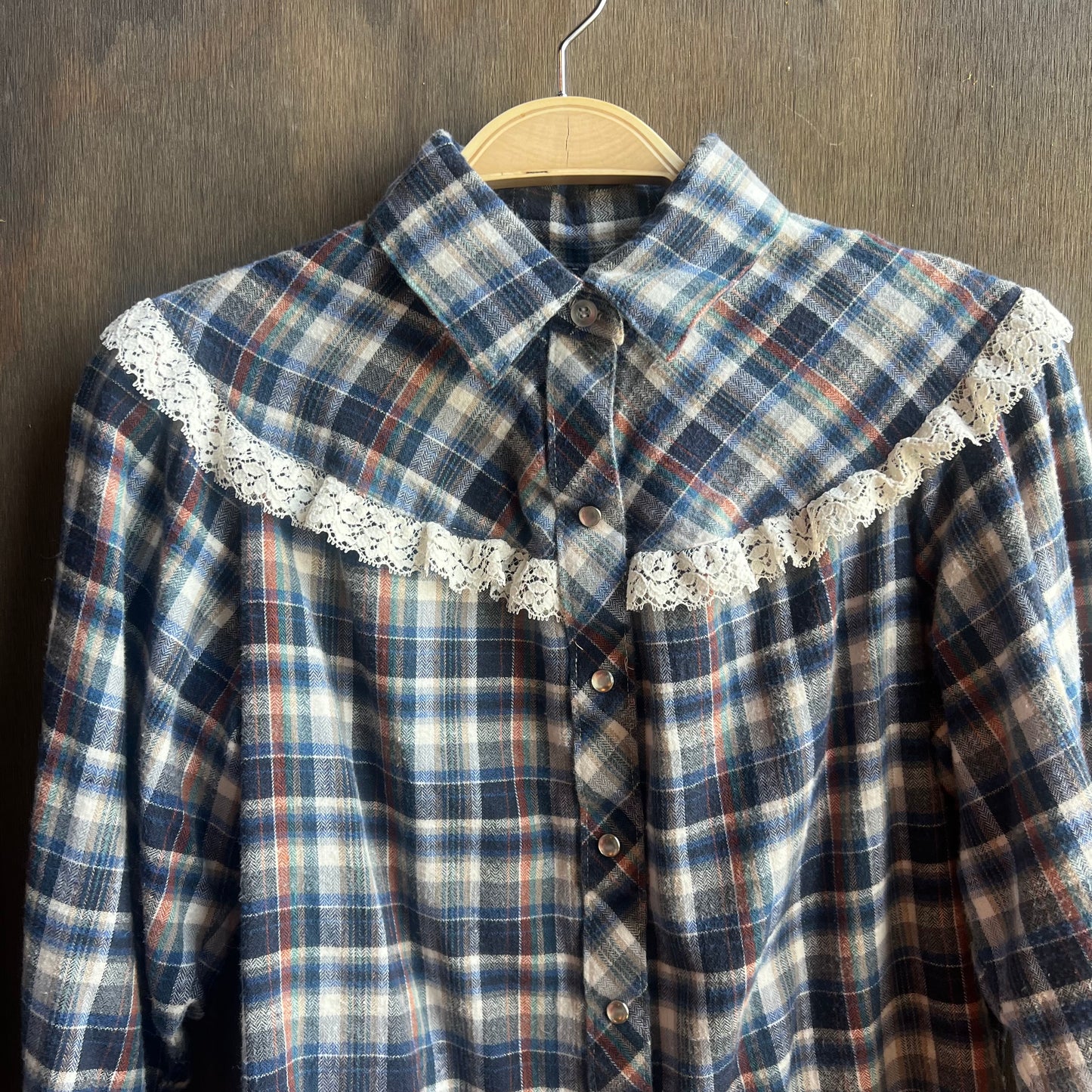 Blue Plaid Pearl Snap with Lace Trim