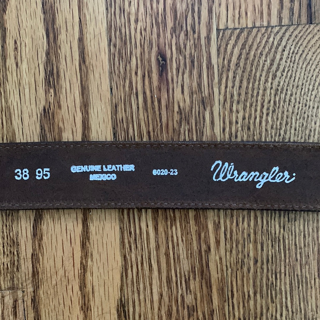 Wrangler leather belt with silver & gold cowboy buckle