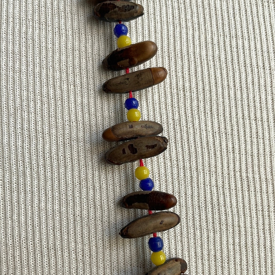 Blue Yellow and Nut Beaded Necklace