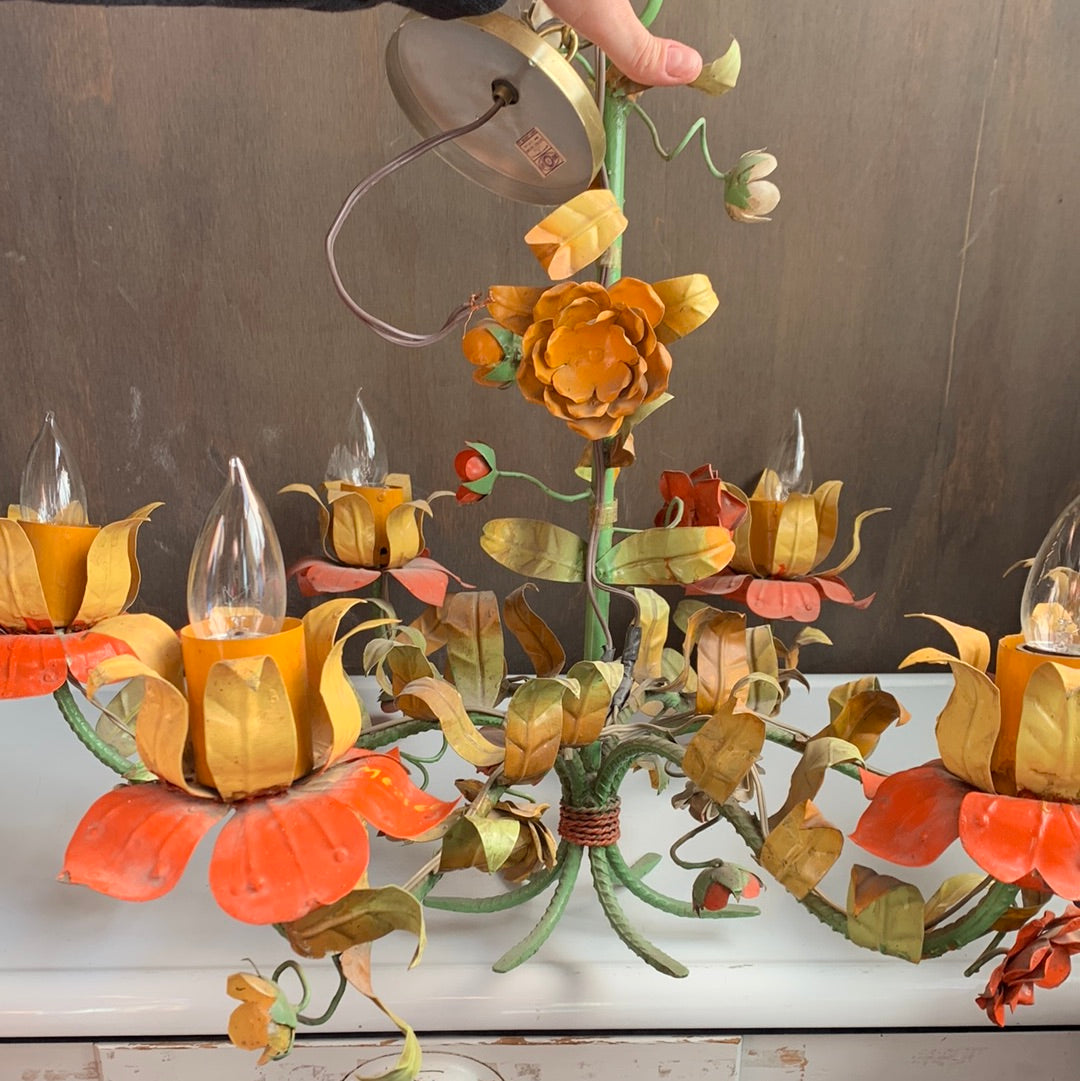Metal yellow, orange & green flower chandelier