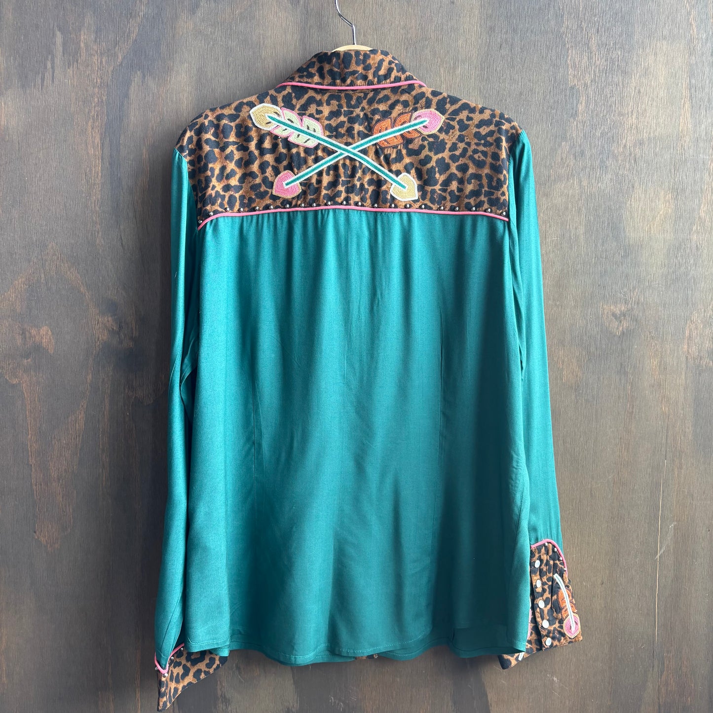 Double D Ranchwear Teal Button Up with Animal Print