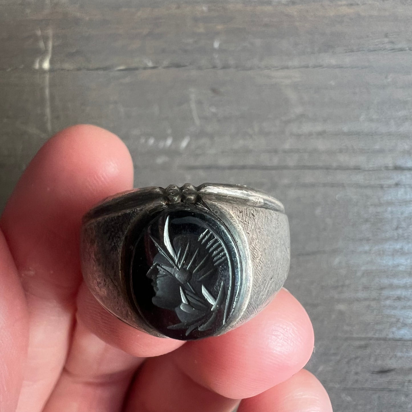 Vintage Sterling Silver and Hematite Carved Ring