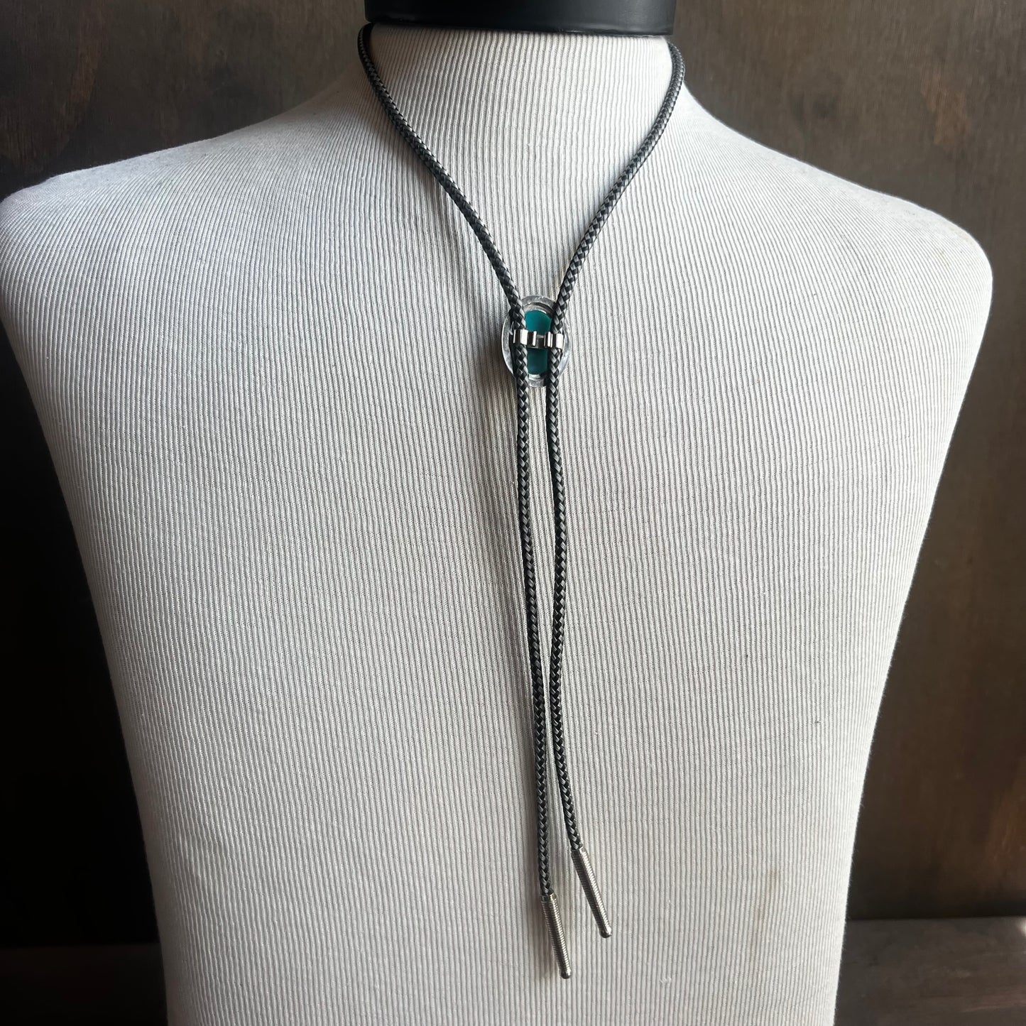 Faux Turquoise Bolo Tie on Black and White Cord
