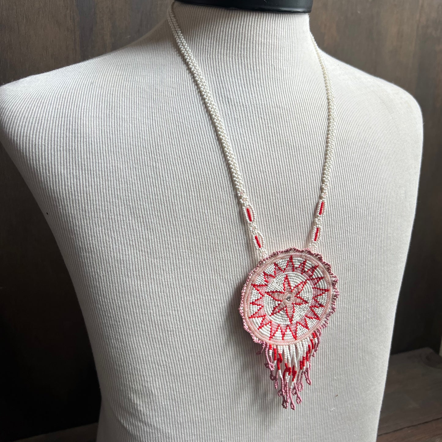 Vintage Seed Bead Pink Flower Necklace