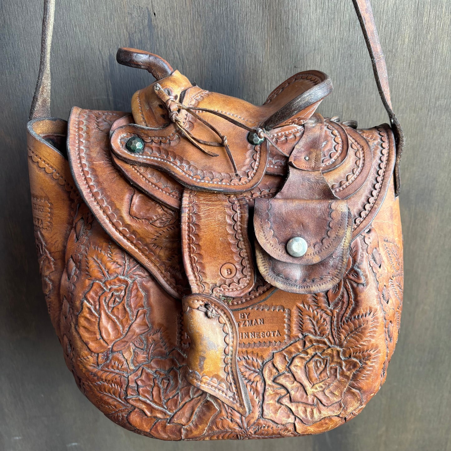 Vintage Tooled Leather Saddle Bag
