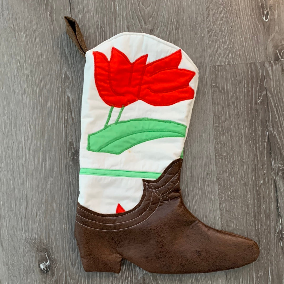 Vintage tulip quilt Cowboy Boot Christmas stocking