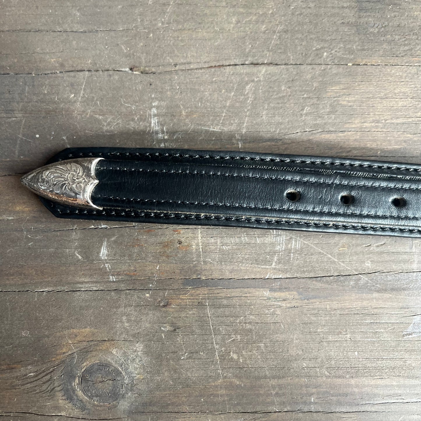 Black Leather Belt with Silver Tone Tip