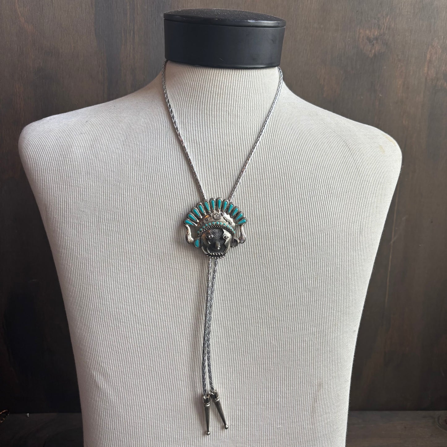 Indigenous Chief Turquoise Bolo on Silver Tie