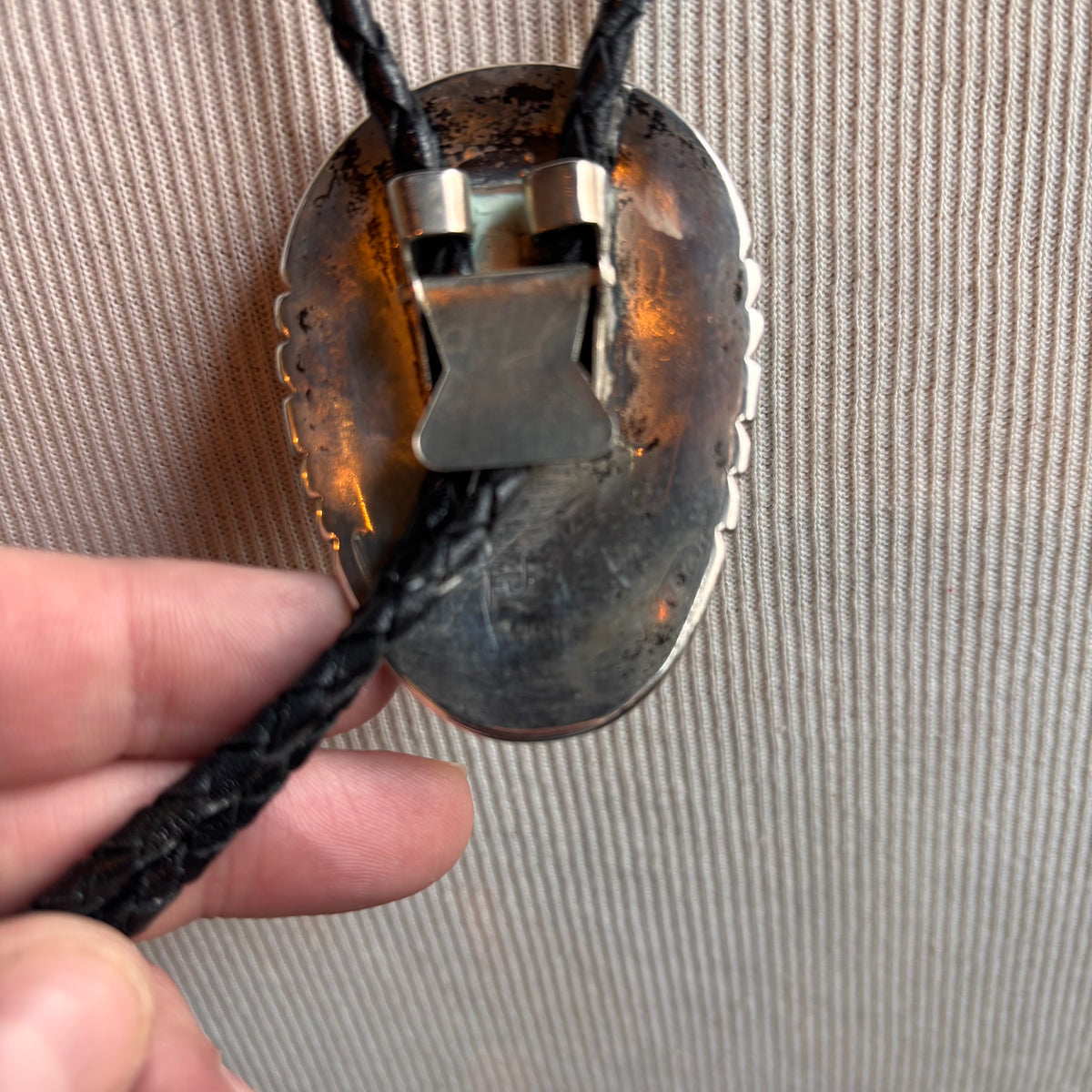 Vintage Abalone and Turquoise Bolo and Black Leather Tie
