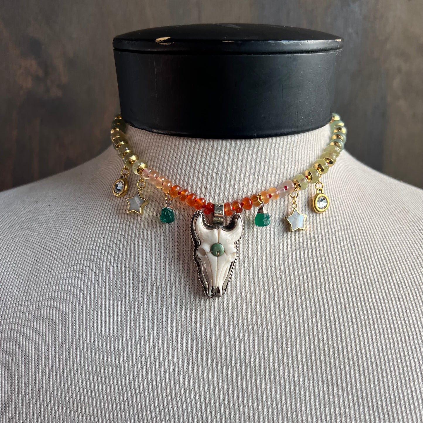 Ostrich Moon Bone Skull Necklace