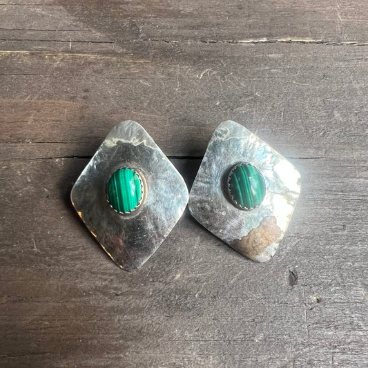 Sterling Silver and Malachite Diamond Shaped Earrings