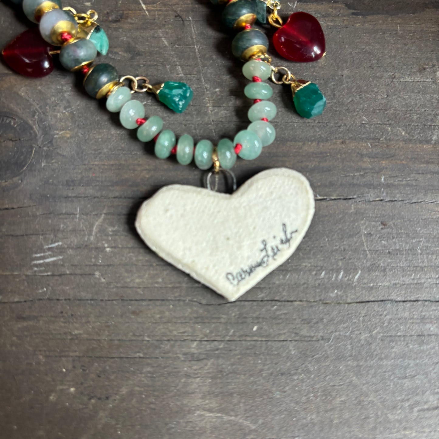 Ostrich Moon Green Heart Charm Necklace