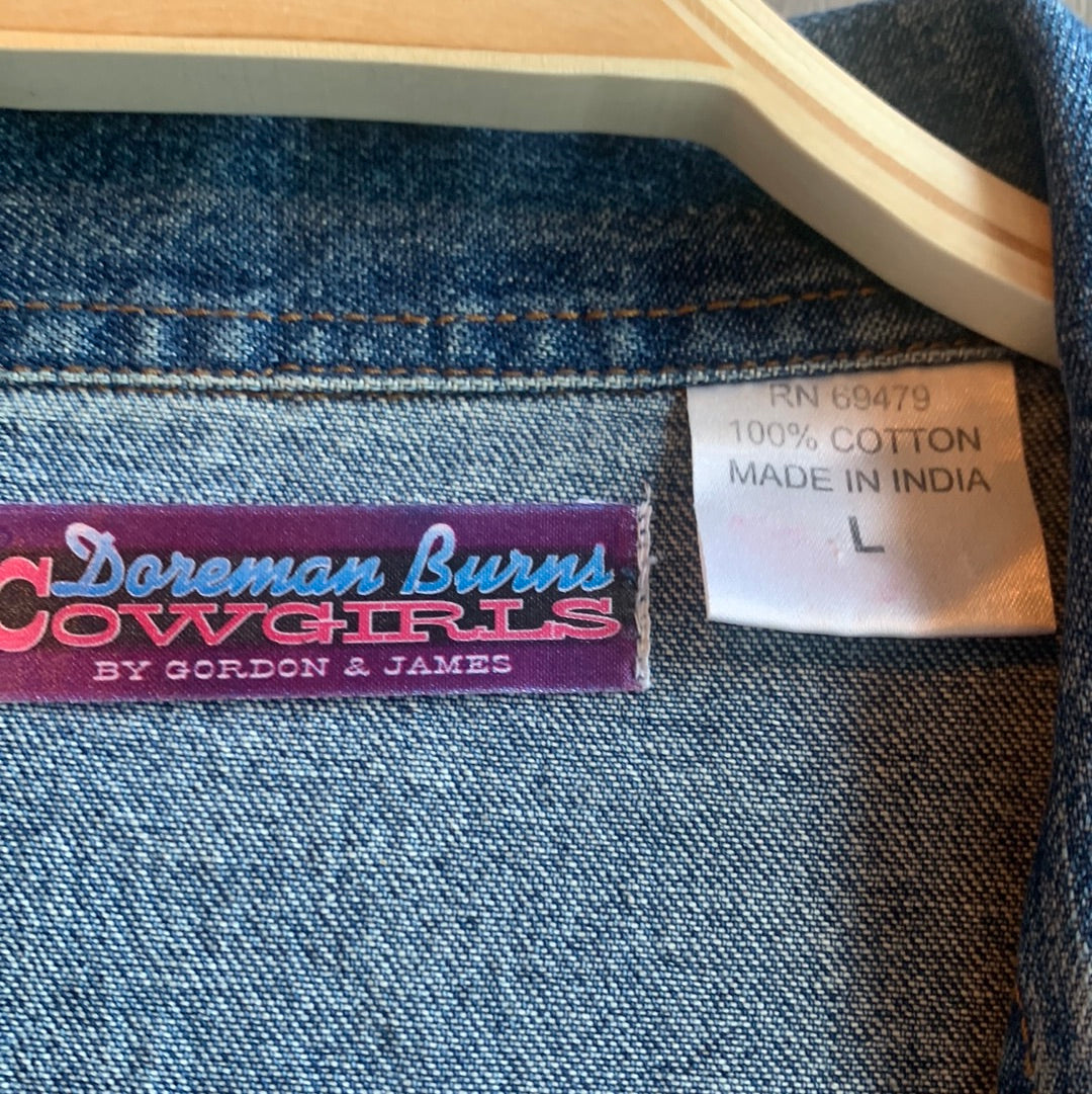 Vintage studded collar denim jacket with image woman on back