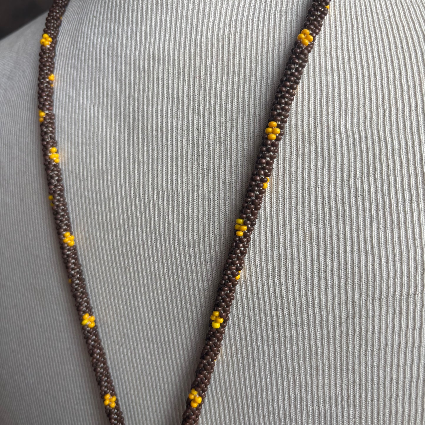 Vintage Brown and Yellow Seed Bead Tassel Necklace