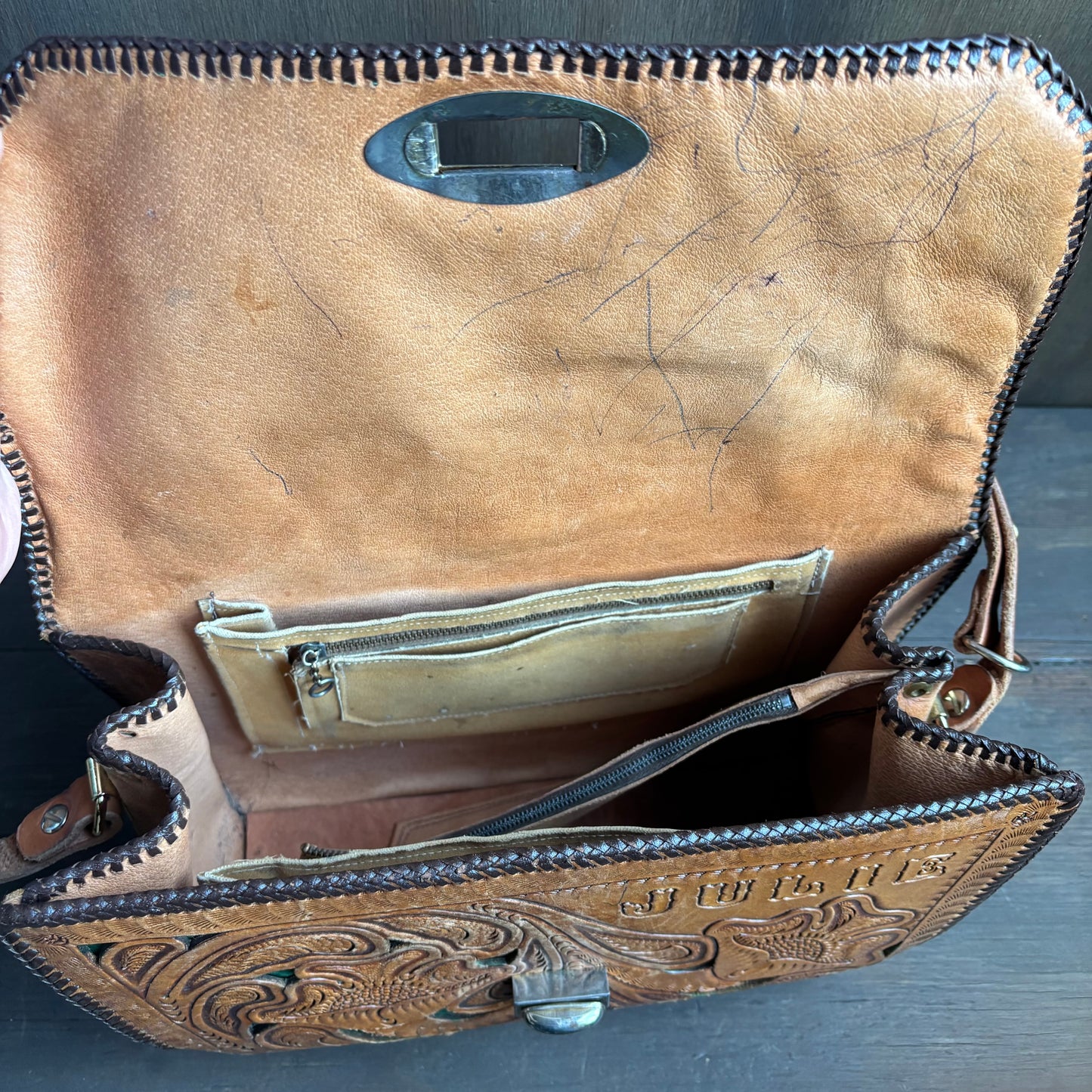 Vintage Tooled Leather Bag with Green Accent