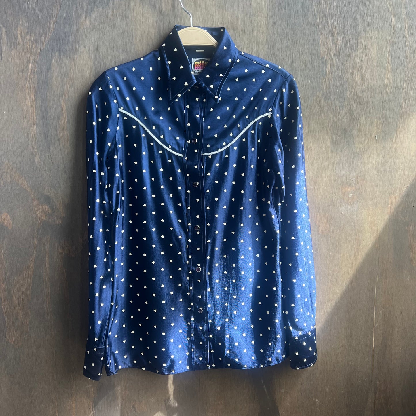 Vintage Miller Western Wear Blue Pearl Snap with Hearts