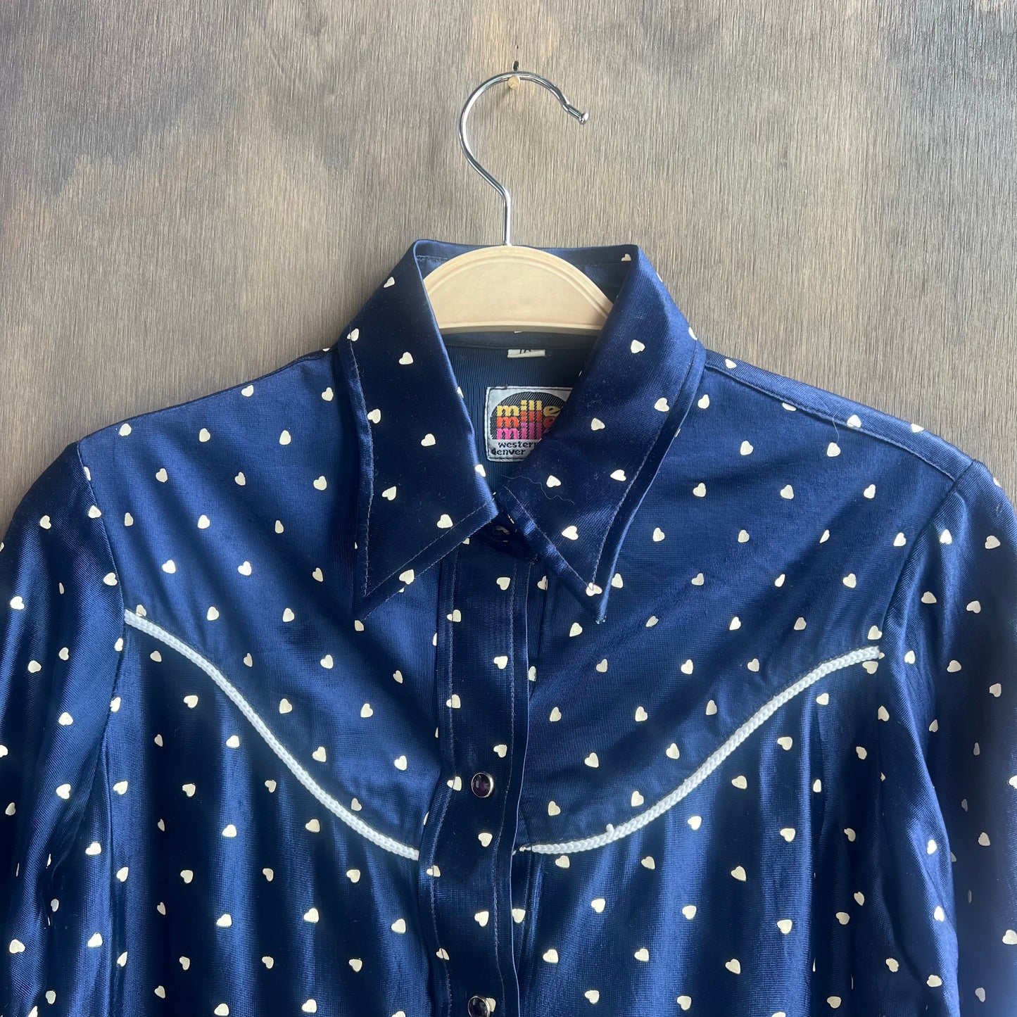 Vintage Miller Western Wear Blue Pearl Snap with Hearts