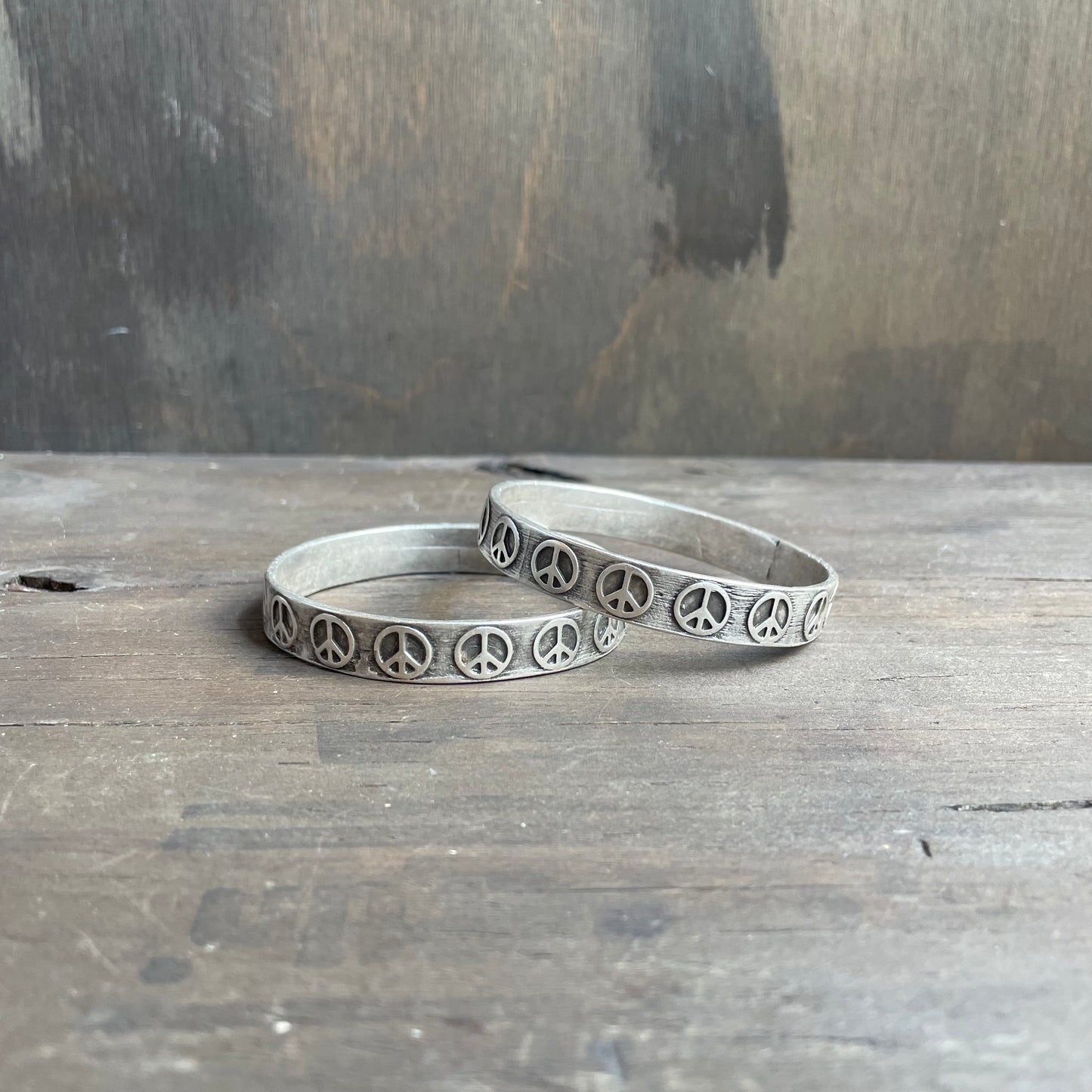 Peace Sign Wordy Silver Bangle