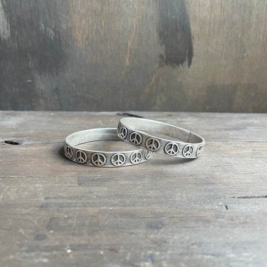 Peace Sign Wordy Silver Bangle