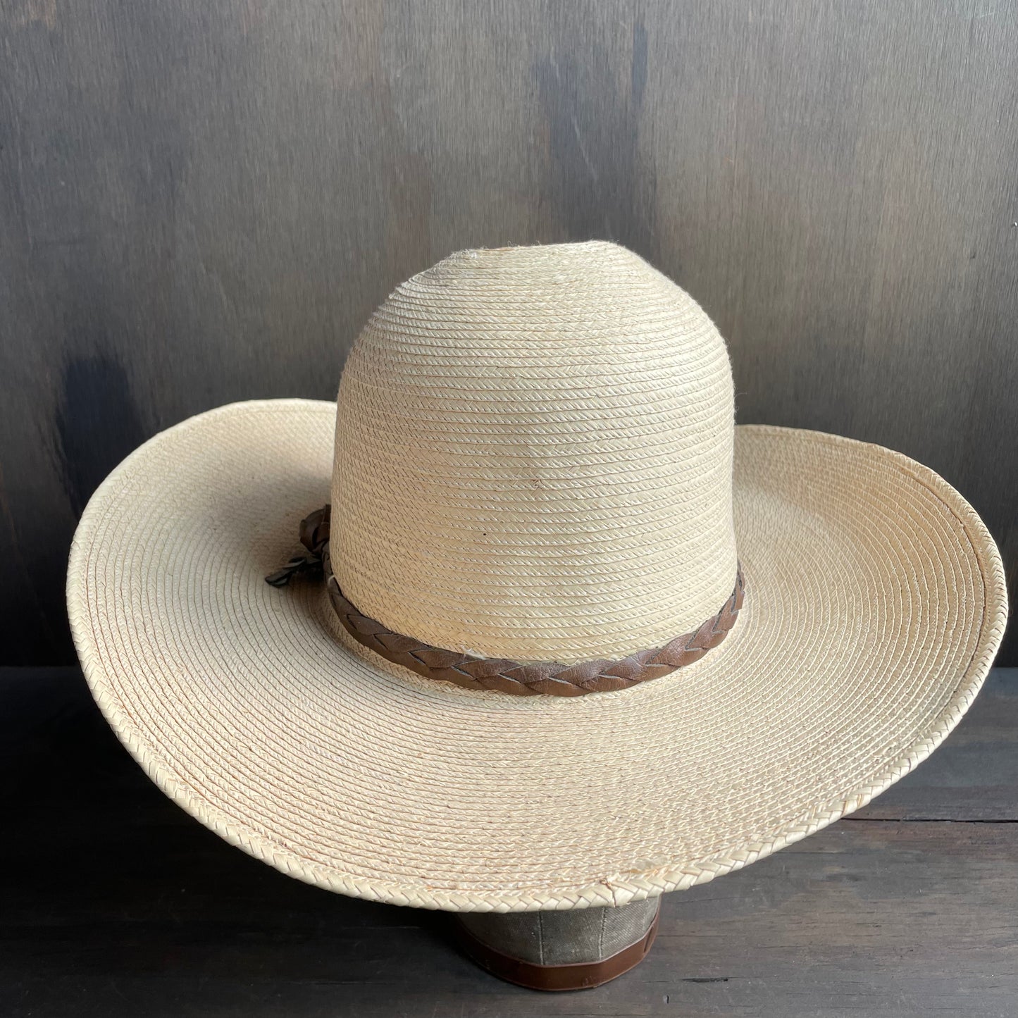 Vintage Straw Hat with Braided Leather Band