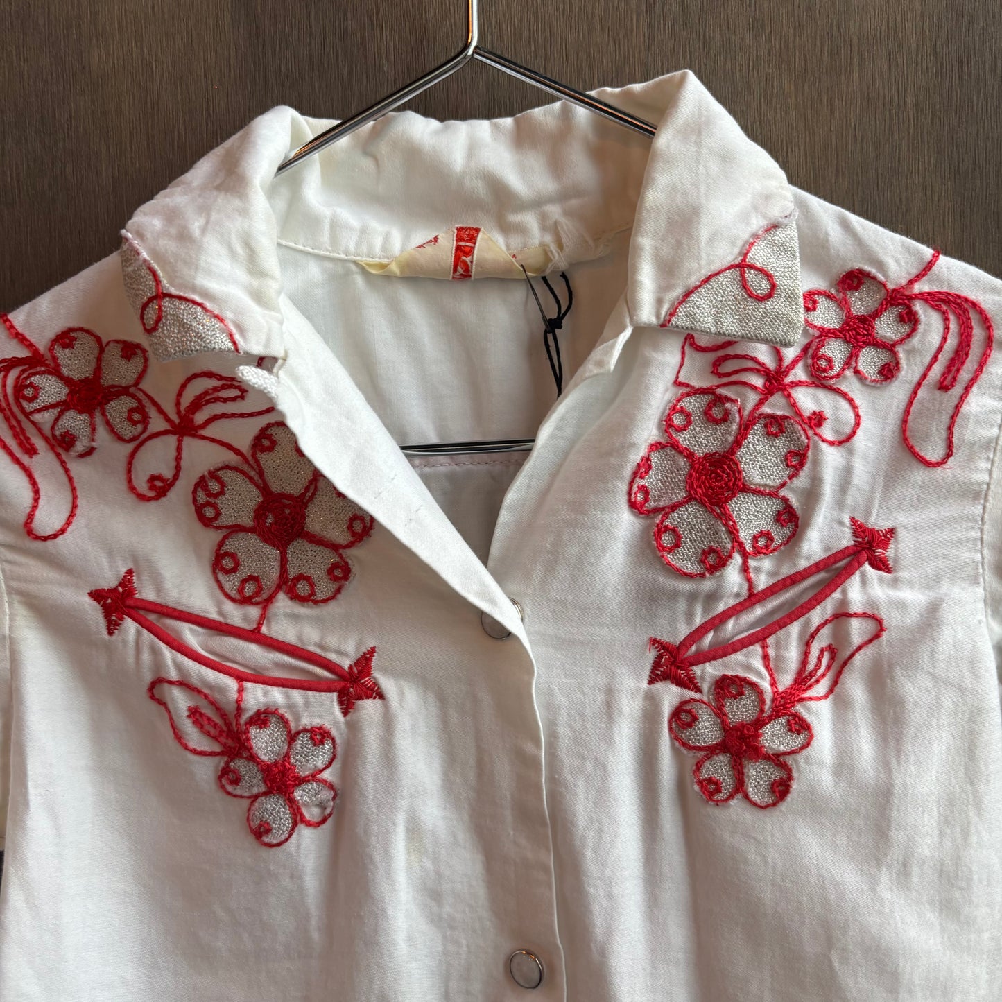 Vintage White Kids Pearl Snap with Red Embroidery