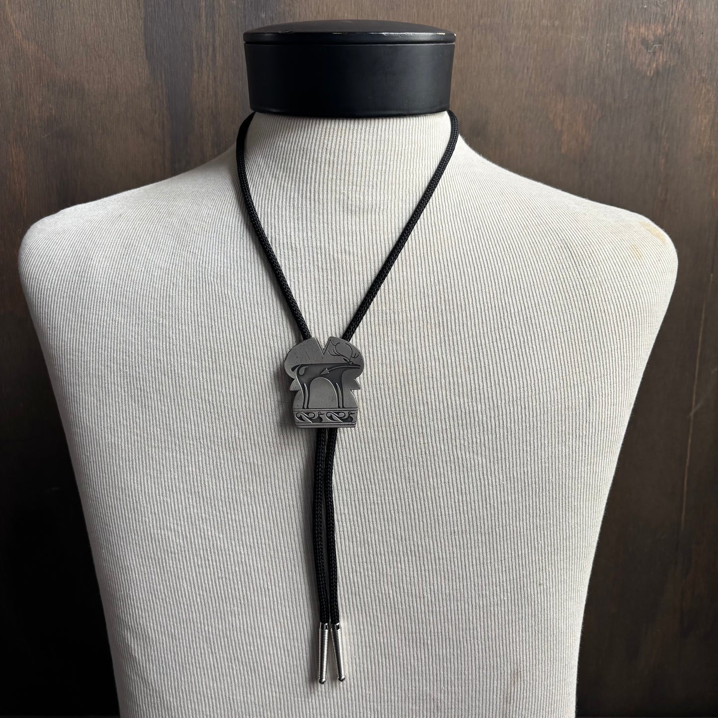 Silver Graphic Deer Bolo on Black Tie