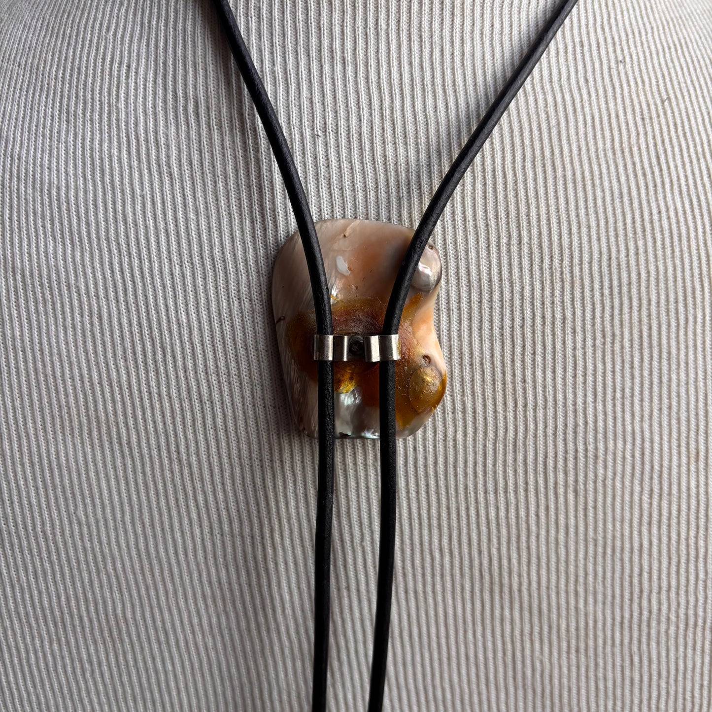 Vintage Abalone Buck Bolo on Black Leather Tie