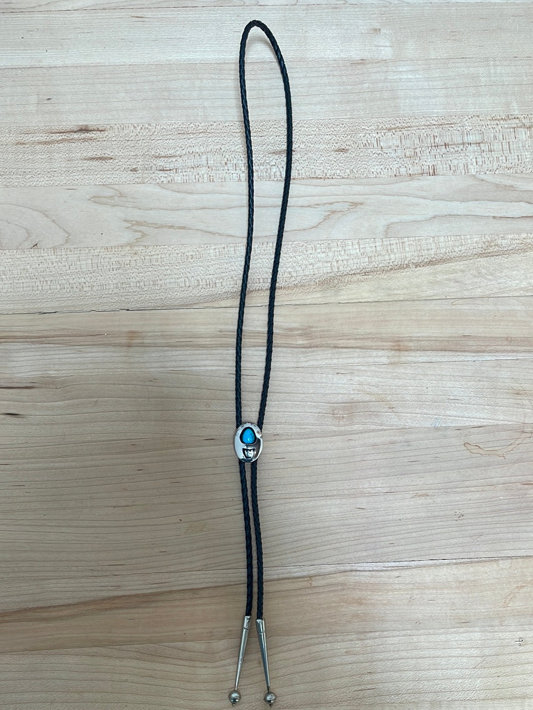 Turquoise and Silver Bolo on Black Leather Cord