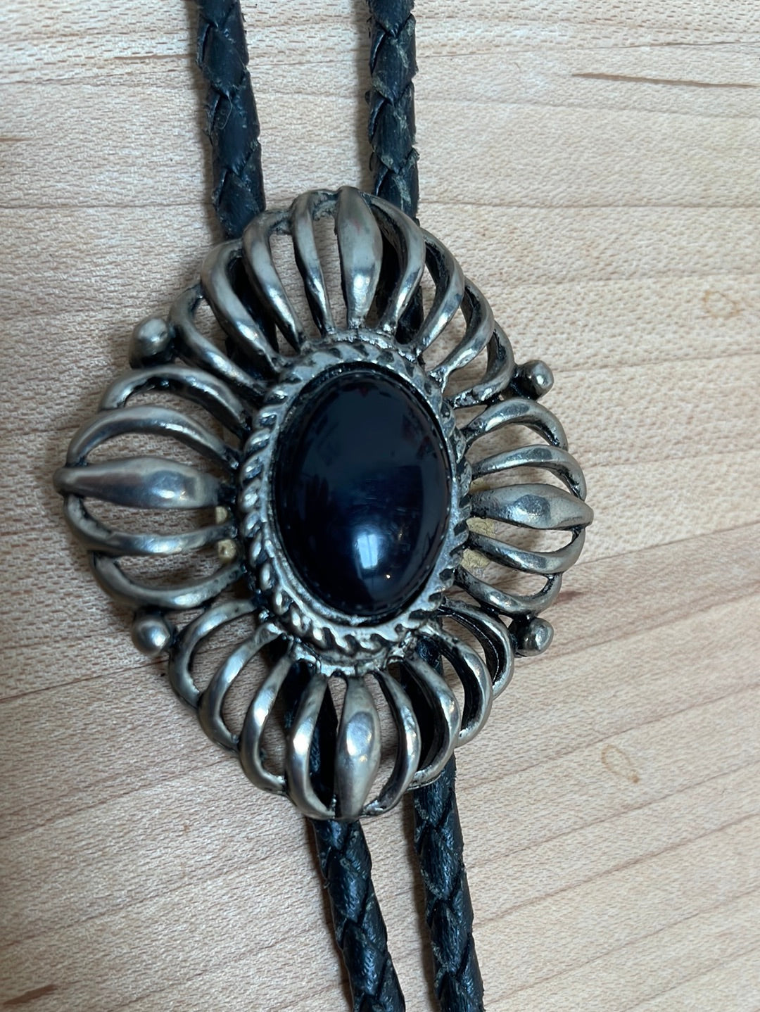 Silver and Onyx Bolo on Black Leather Cord