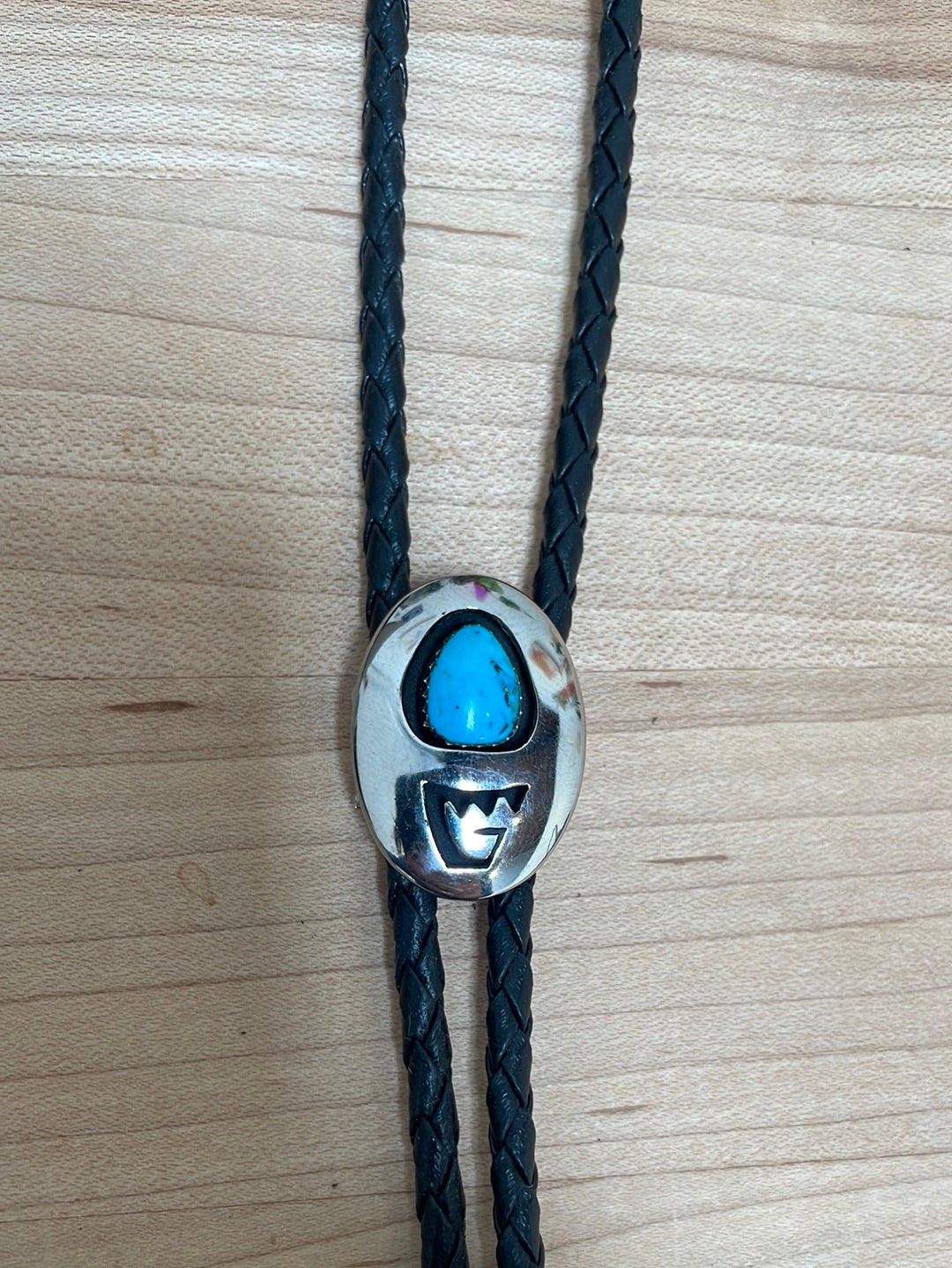 Turquoise and Silver Bolo on Black Leather Cord