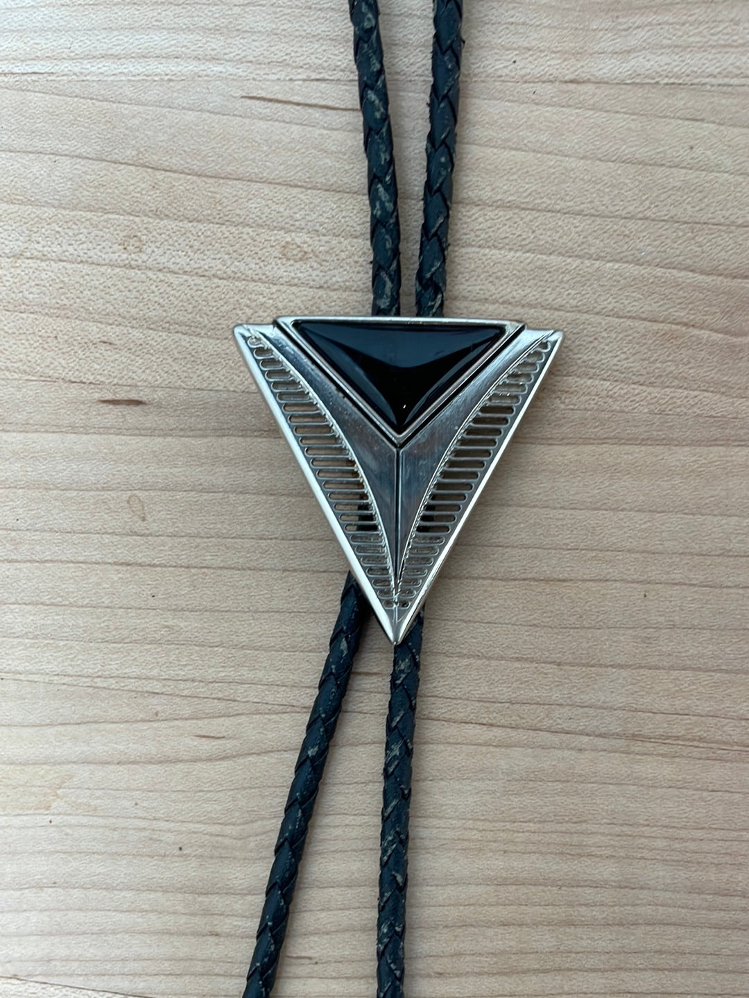 Silver and Onyx Triangle Bolo on Black Leather Cord