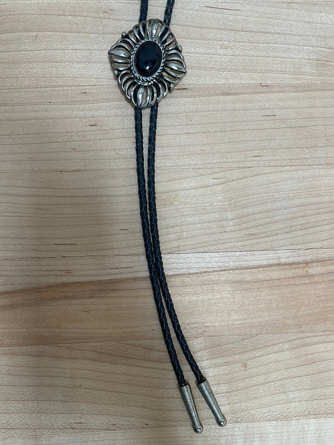 Silver and Onyx Bolo on Black Leather Cord