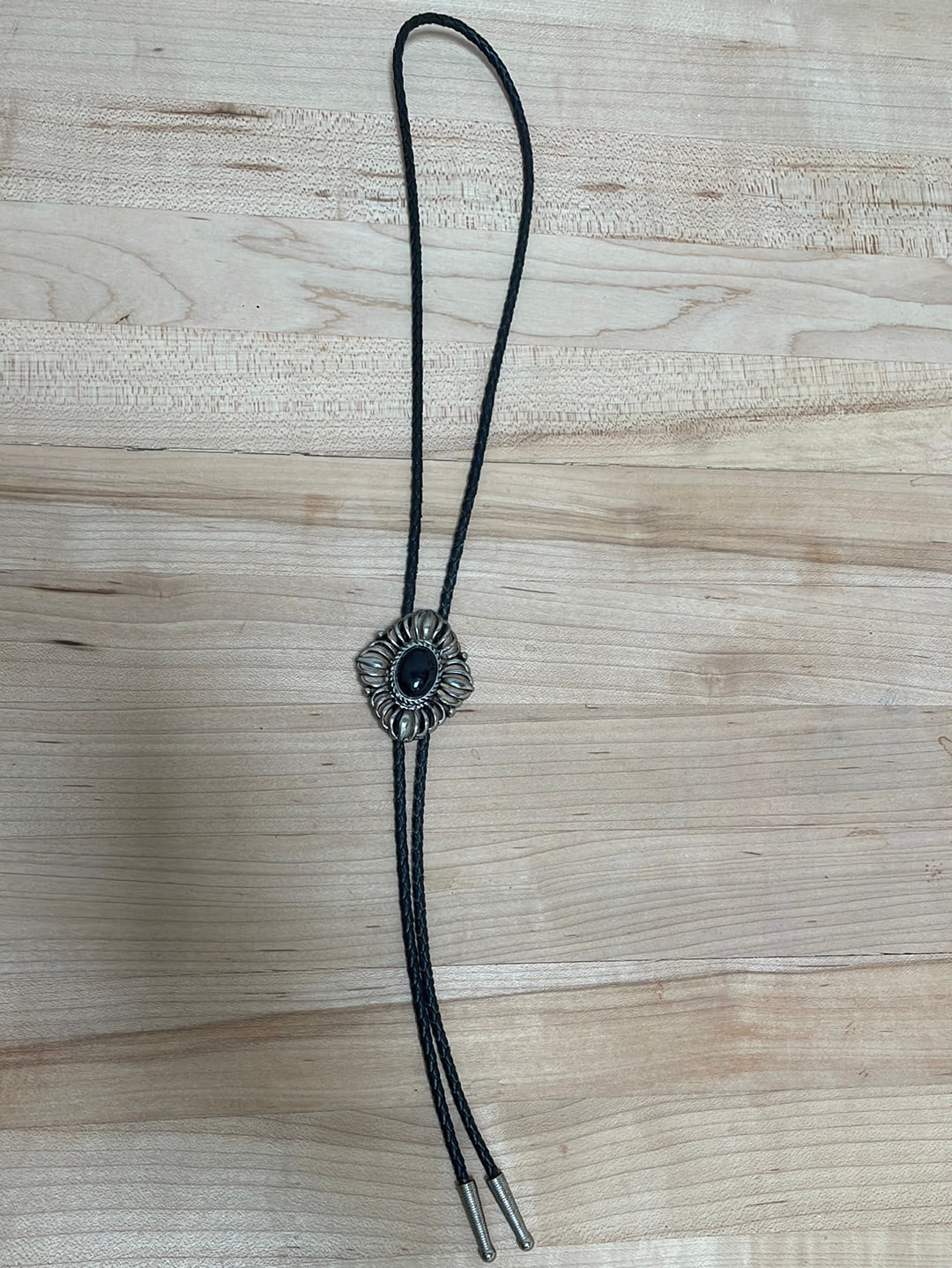 Silver and Onyx Bolo on Black Leather Cord