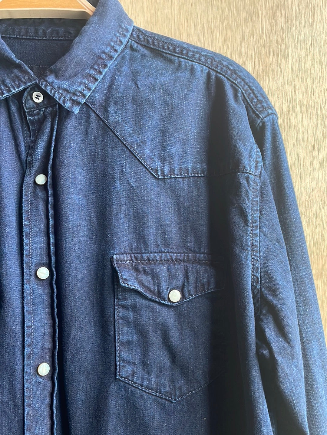 Denim Shirt with White Pearl Snaps