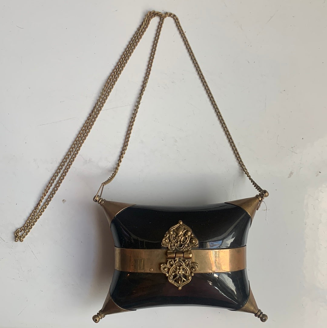 VTG Black and Bronze Copper Bag with Chair strap and Purple Velvet interior