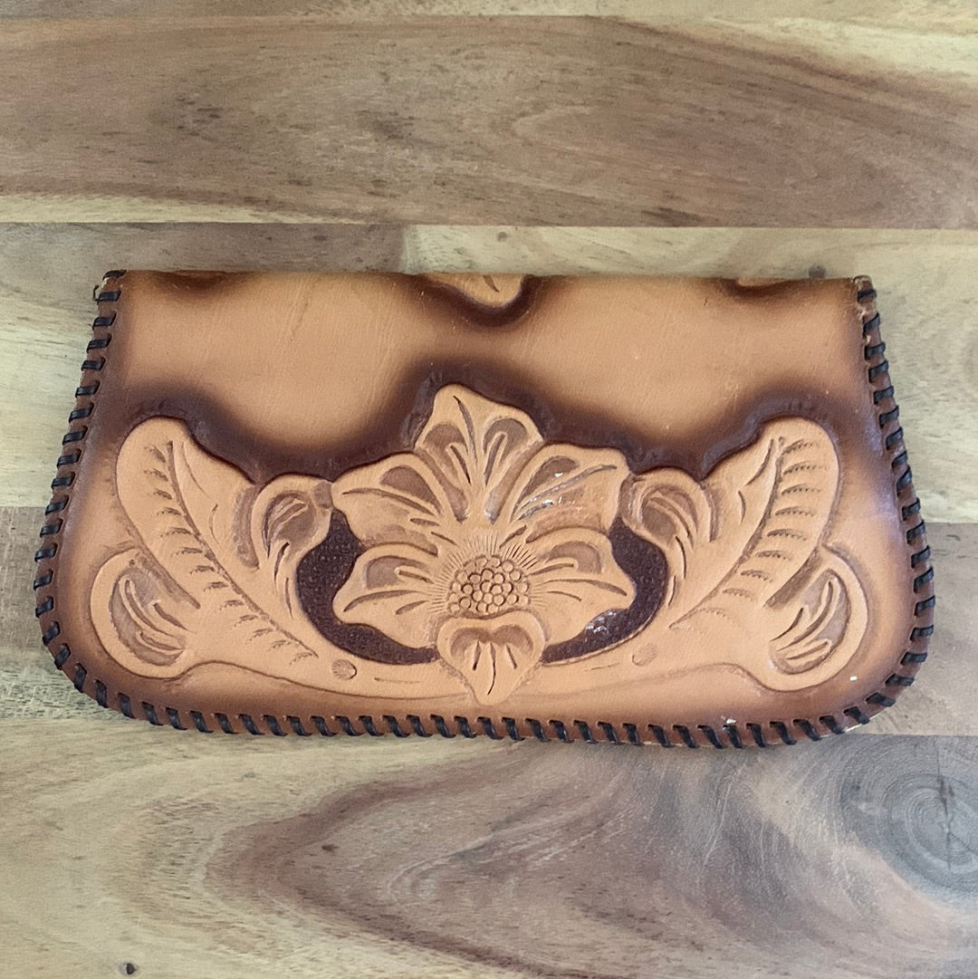 Tooled leather envelope clutch with flowers