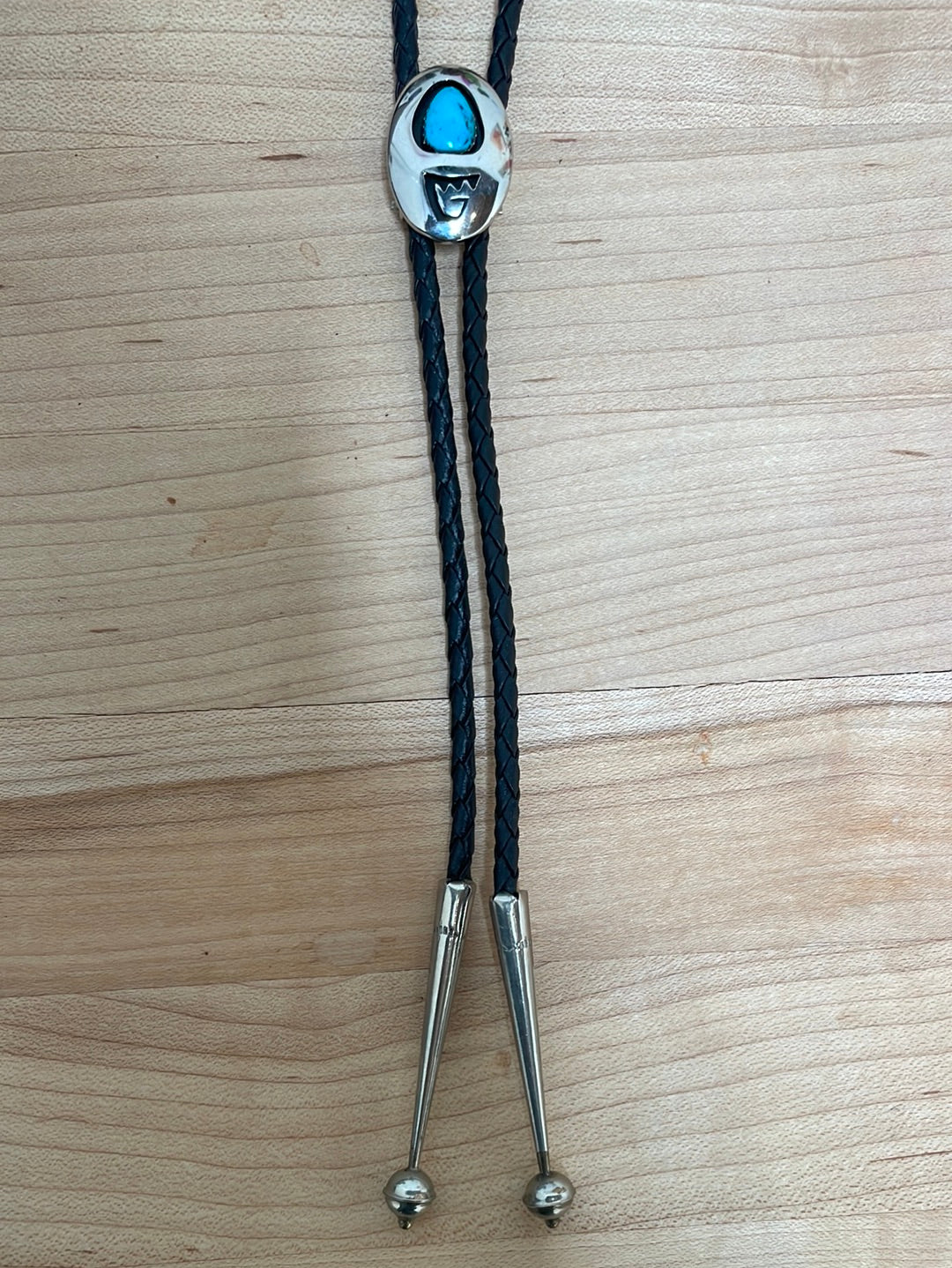 Turquoise and Silver Bolo on Black Leather Cord