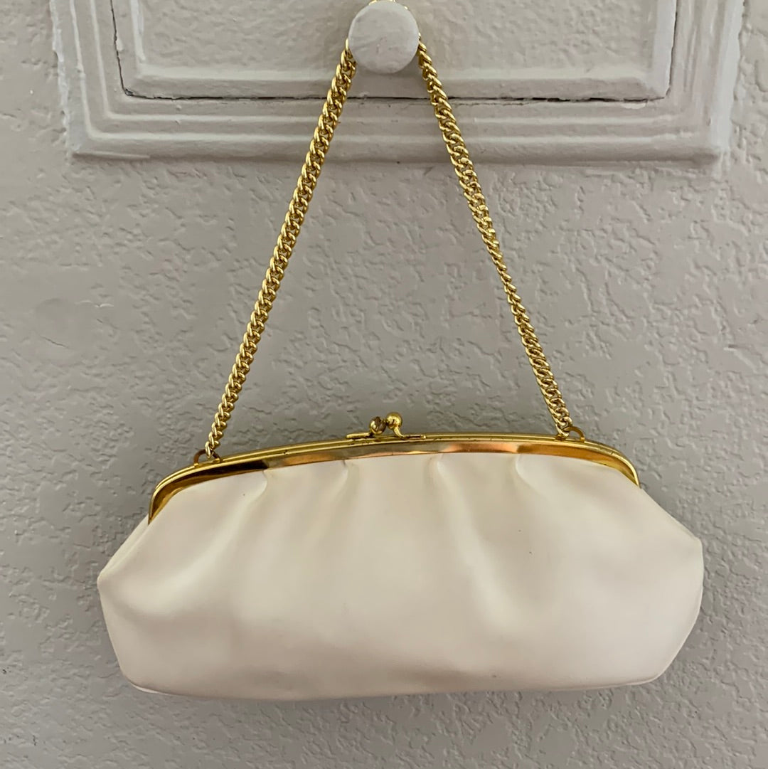 Cream clutch with gold & closure & chain