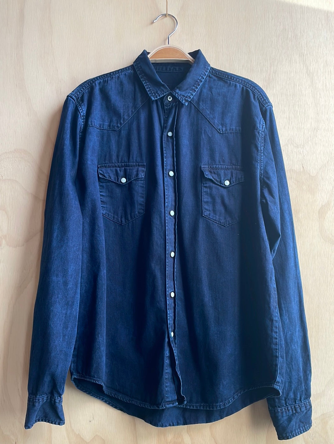 Denim Shirt with White Pearl Snaps