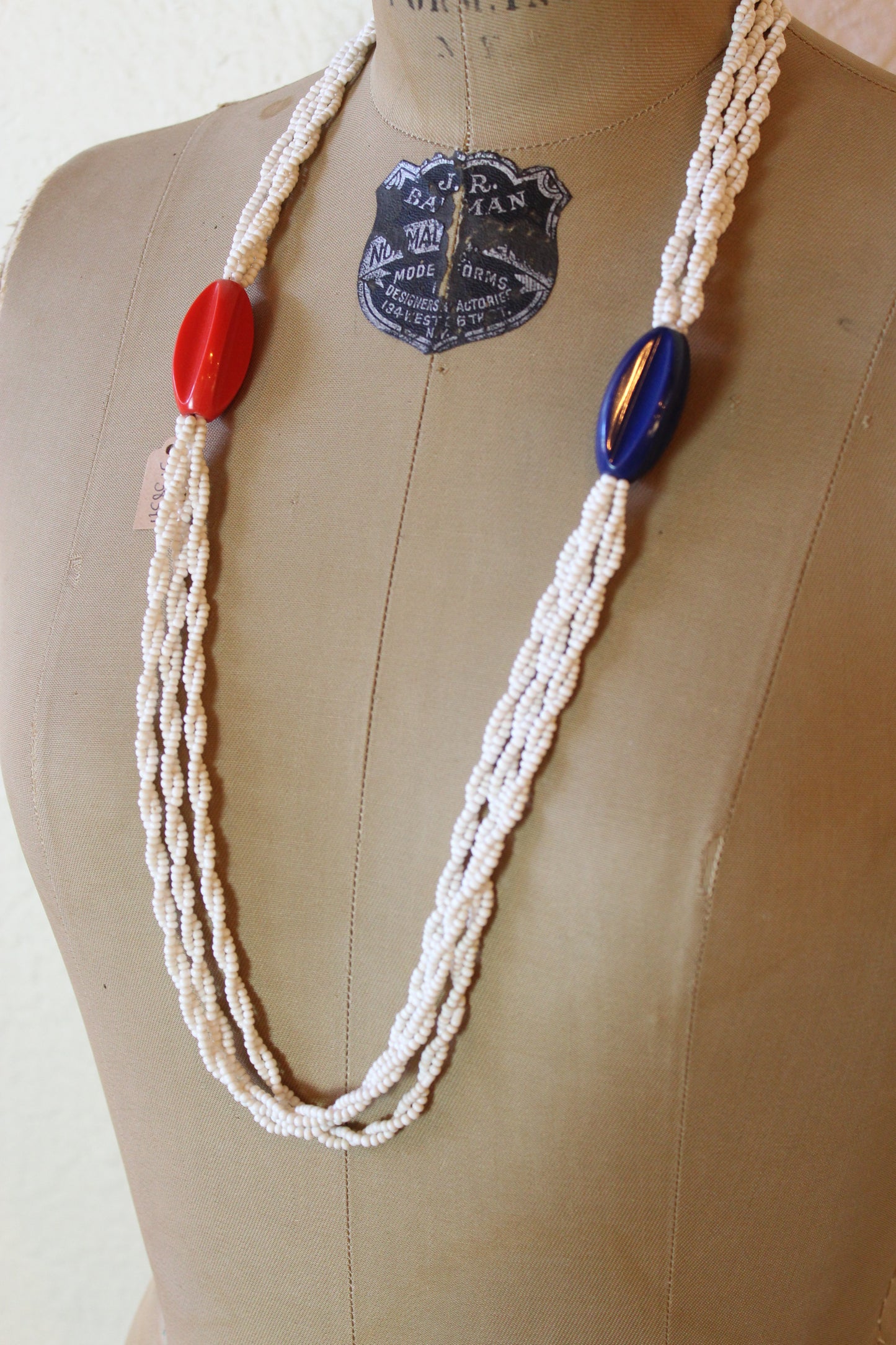 White Blue and Red Beaded Necklace