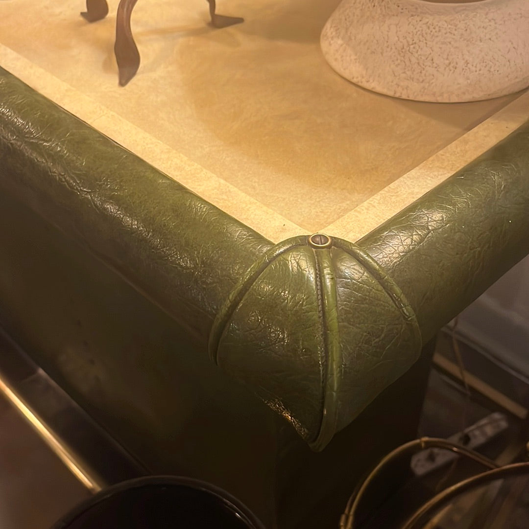 Large Green Leather Bar with 2 Brown Leather Stools
