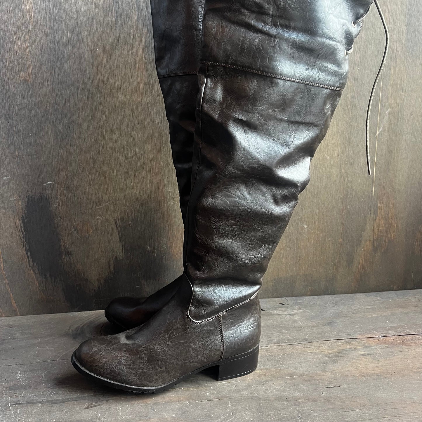 Brown Leather Thigh High Lace Up Boots