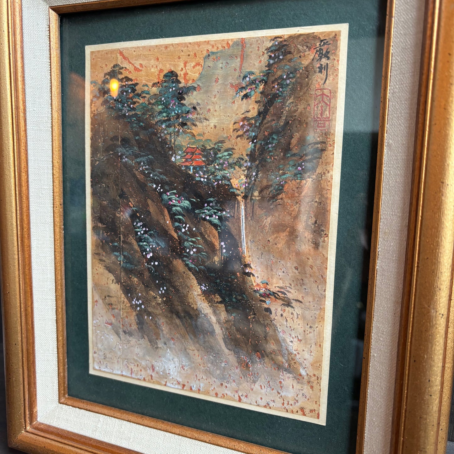 Chinese Landscape on Cork in Gold Frame