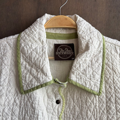 Vintage White Cropped Quilt Jacket with Green Trim