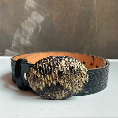 Black Leather Belt with Snakeskin Buckle in