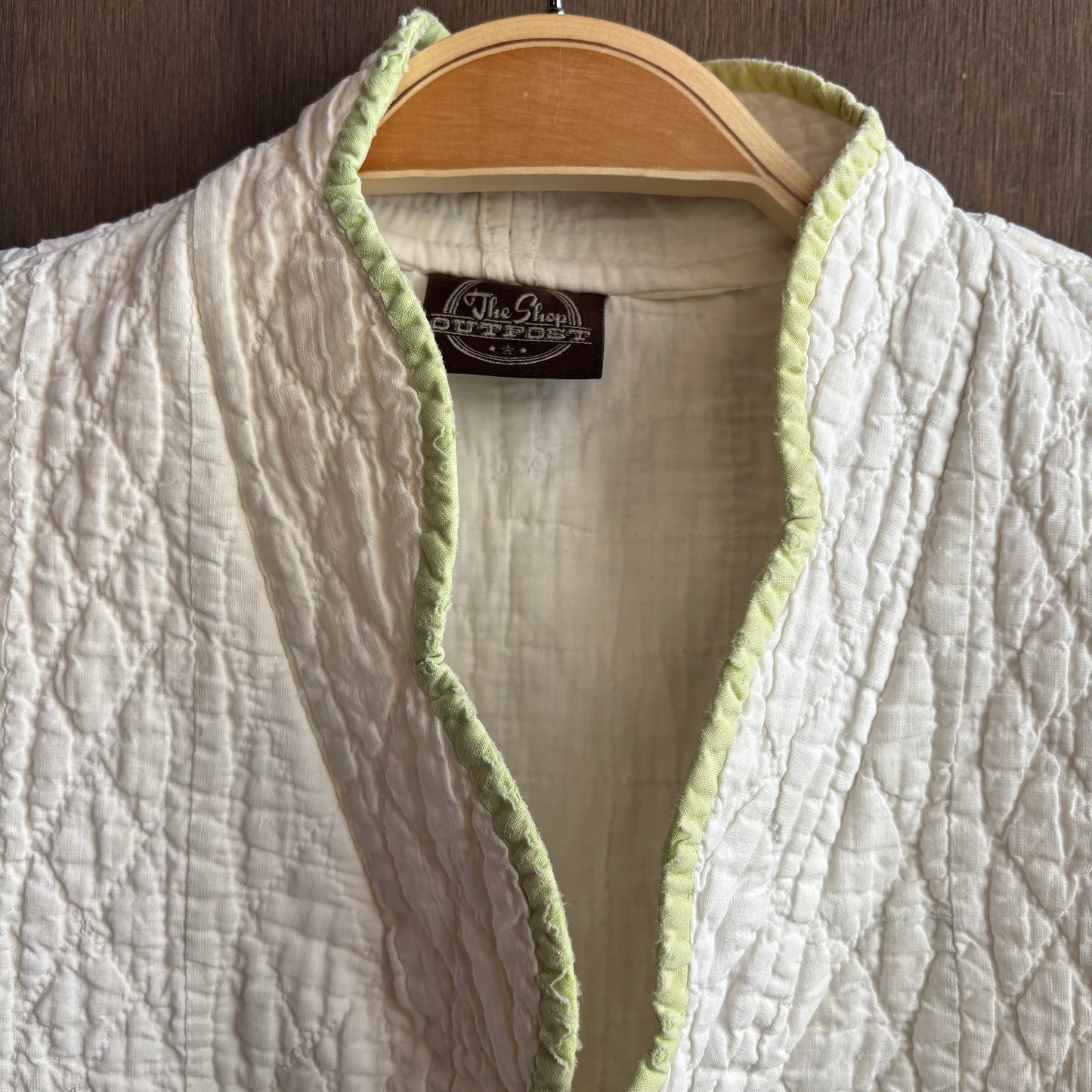 Vintage White Quilt Vest with Green Trim