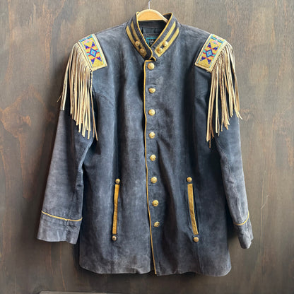 Blue Suede Fringed Jacket with Beading